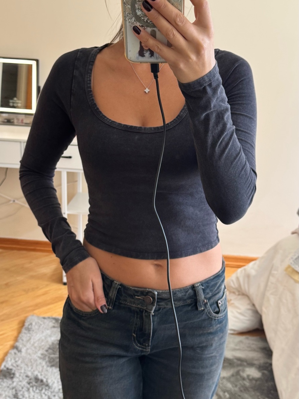 PacSun Washed Black Scoop Neck Long Sleeve Crop Top